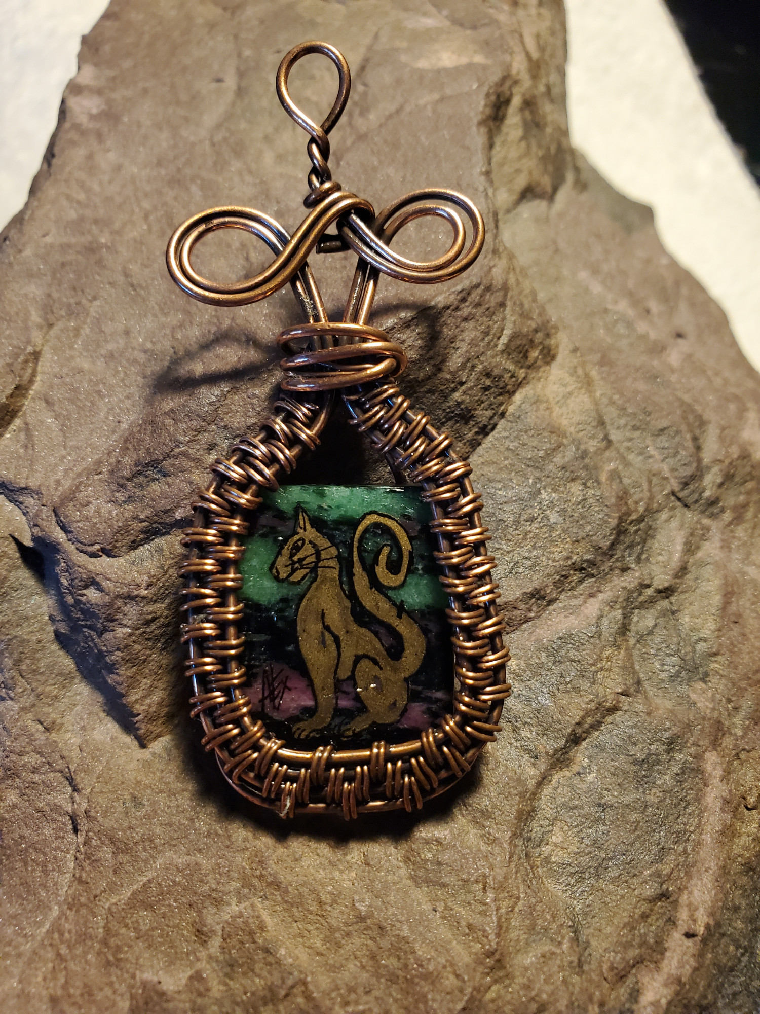 Cat Ruby Zoisite in Copper Pendant