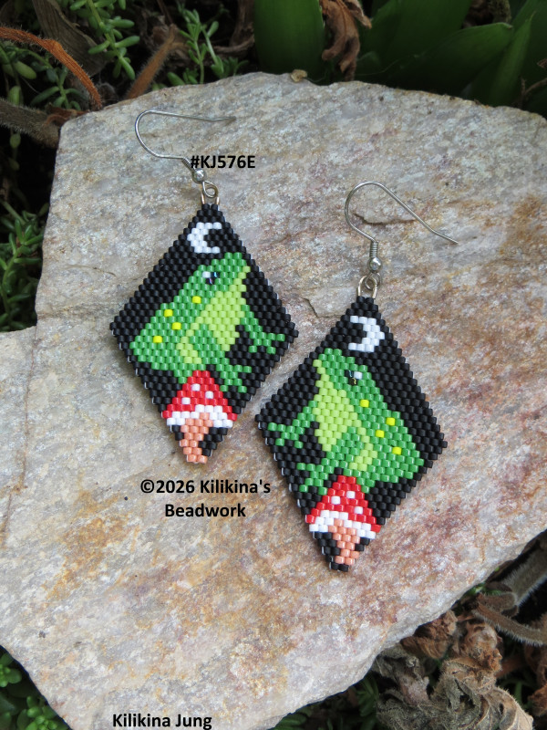 Handmade Frog Earrings - Moon Earrings - Mushroom Earrings - Native American Style Beaded Earrings - Made by Kilikina