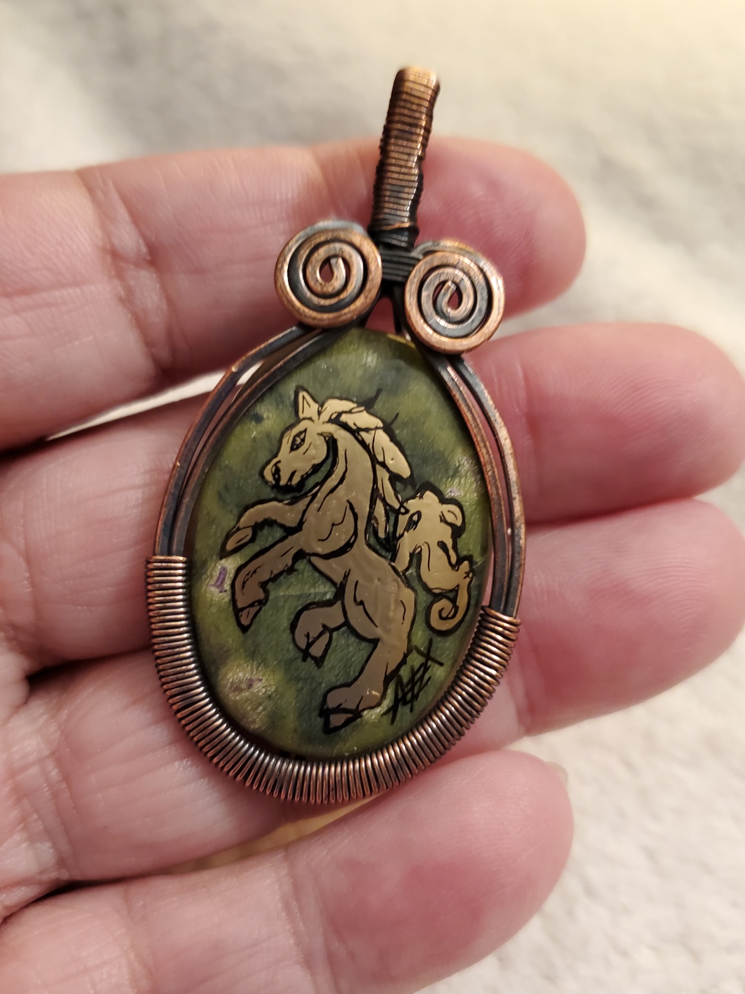 Horse Stichtite Jasper in Copper Pendant