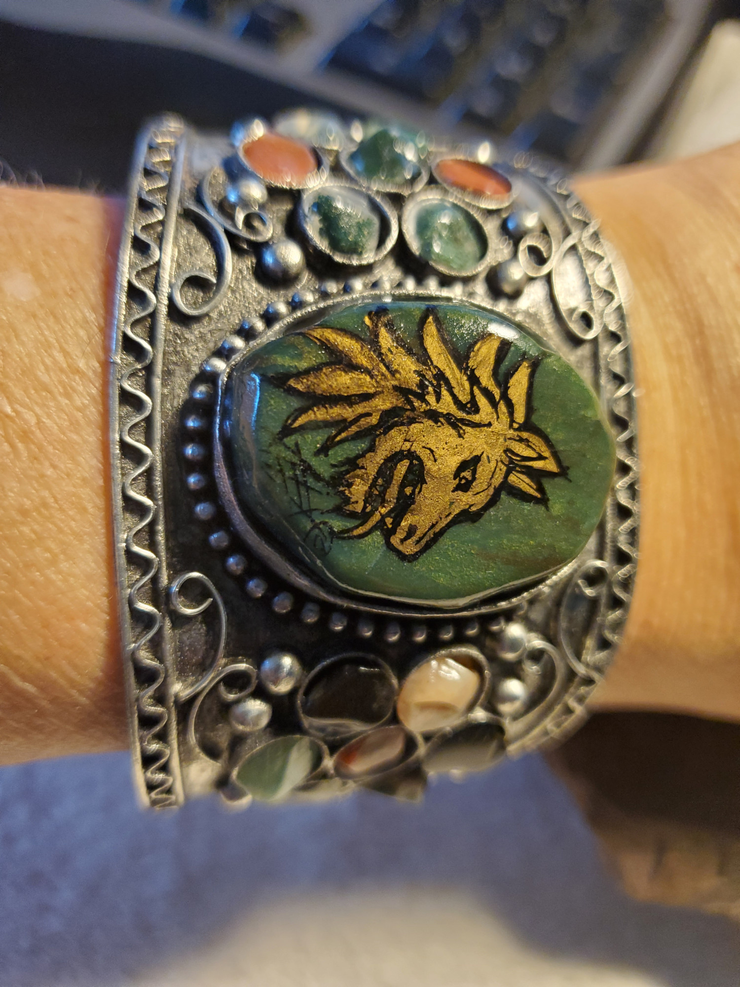 Wolf Moss Agate Cuff Bracelet