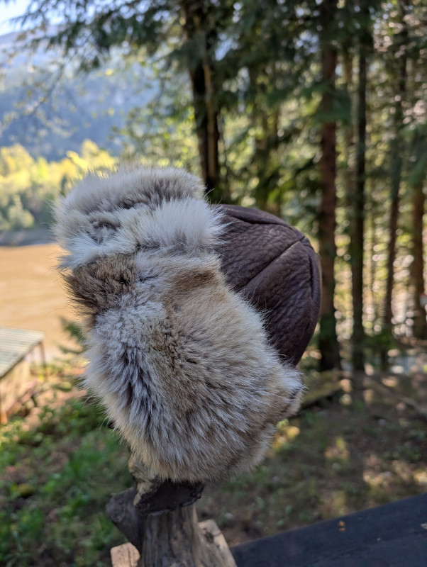 leather and coyote fur Mongol style hat, Cossack, Russian, Norse