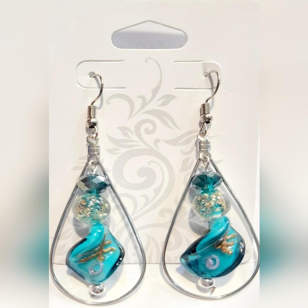 Twisted Teal, Gold, and Silver Drop Dangle Beaded Earrings