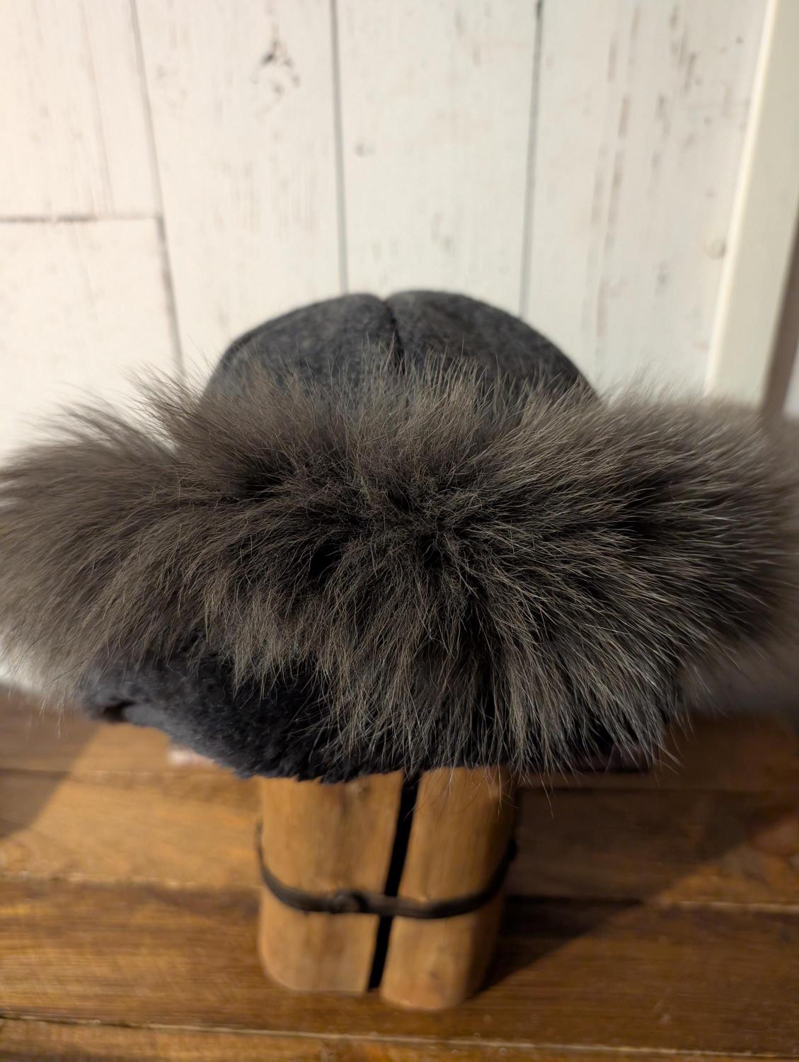 Grey Fox Fur (reclaimed) Cossack Hat, Black Wool, Unisex Viking Style