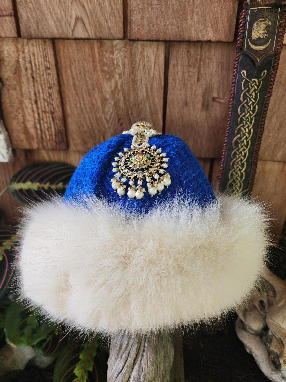 Mongolian, Cossack, Norse, Viking style fur, unisex, green suede, fox fur reclaimed