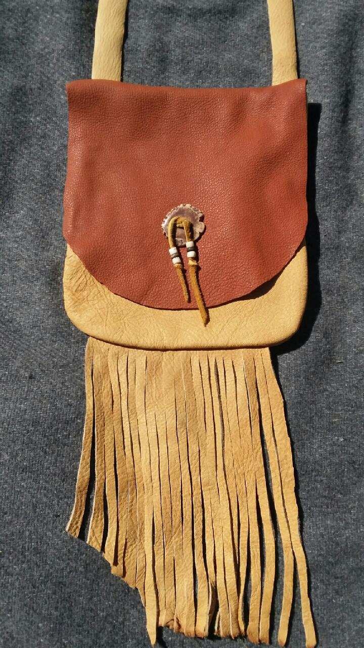 Elk Hide Pouch Leather Handmade Crossbody Bag Two-Tone with Fringe