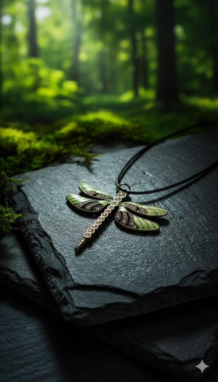 Green enamel & rhinestone dragonfly pendant Necklace