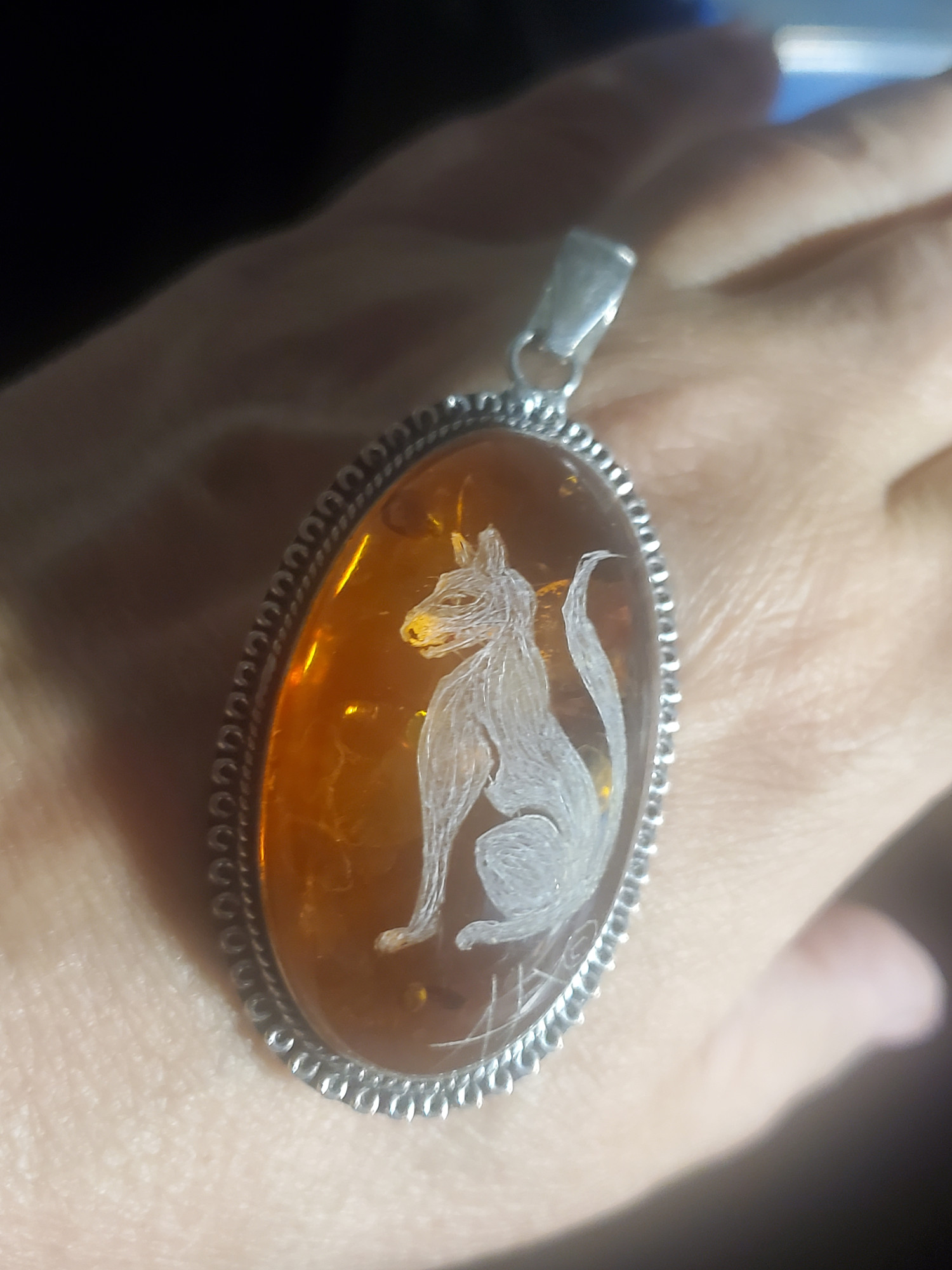 Cat Intaglio Amber Sterling Pendant