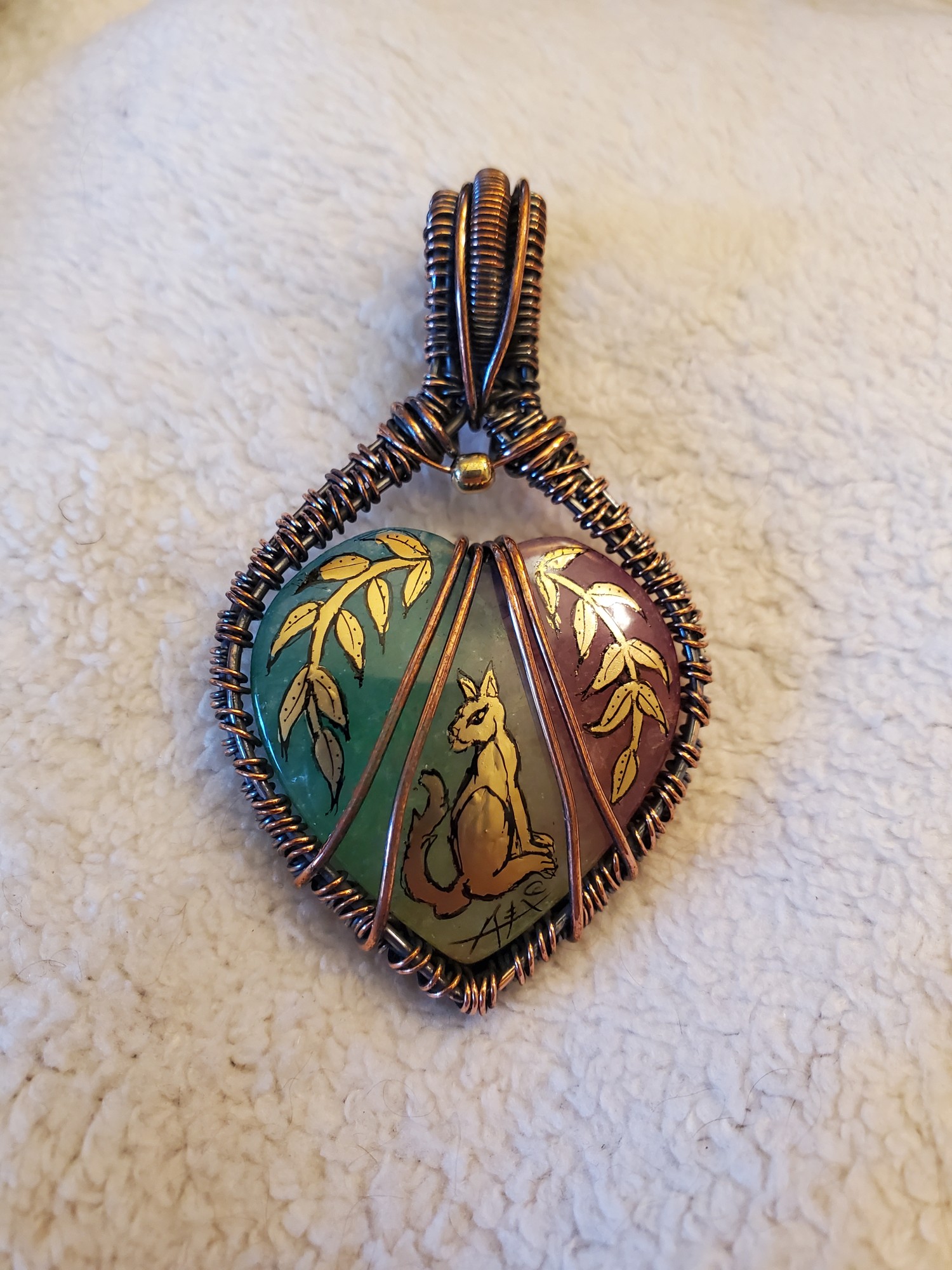 Laurel Cat Pendant Solar Quartz in Copper