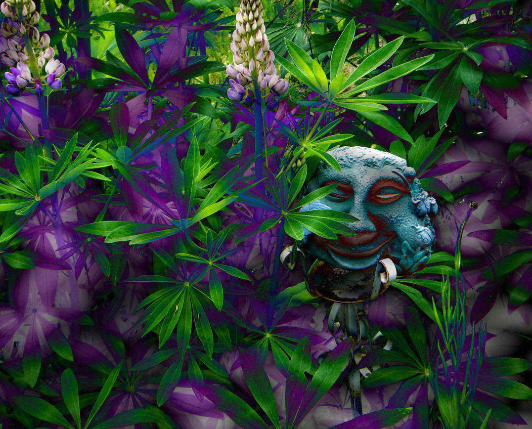 Whimsical Garden Face Among Lupines Digital Print