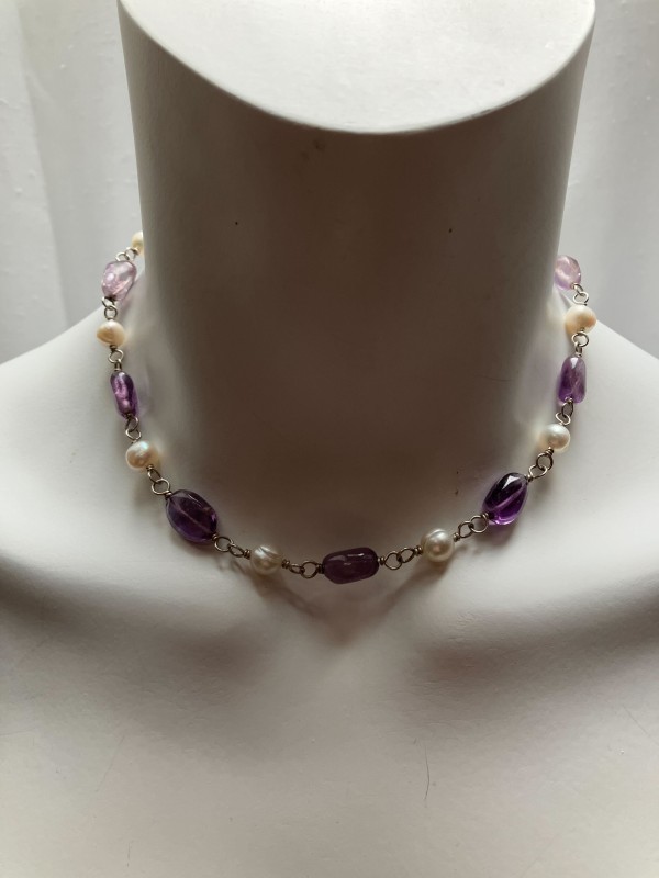 Ancient Roman Style Amethyst and Pearl Sterling Silver Necklace- Short Length