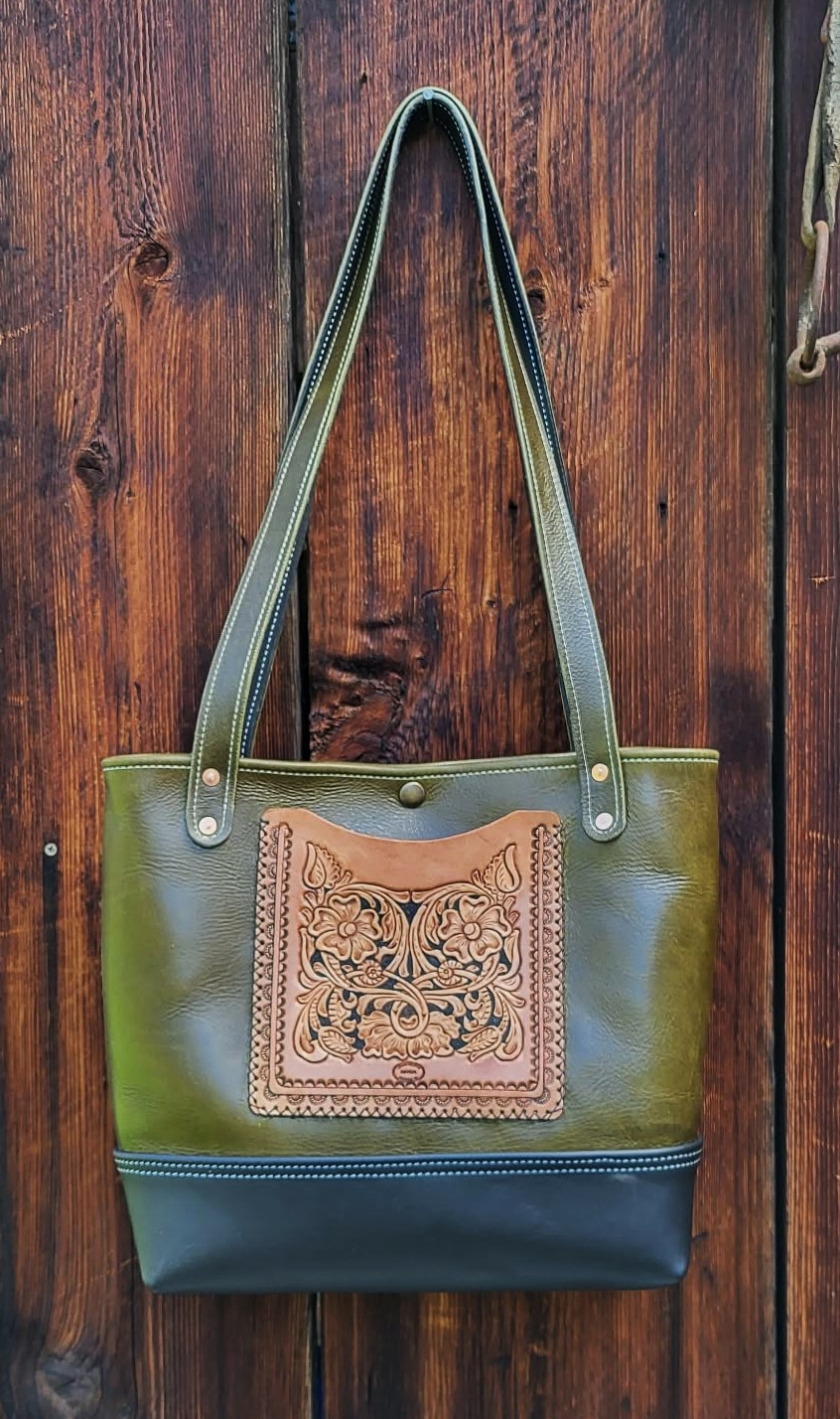 Forest Green Leather Hand Made Tote Bag