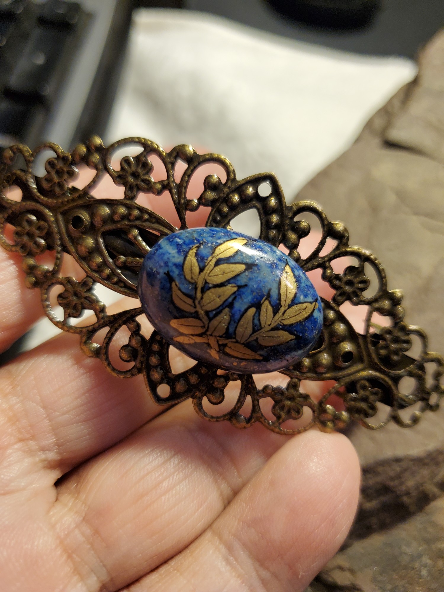 Laurel Lapis Lazuli Hair Clip in Bronze