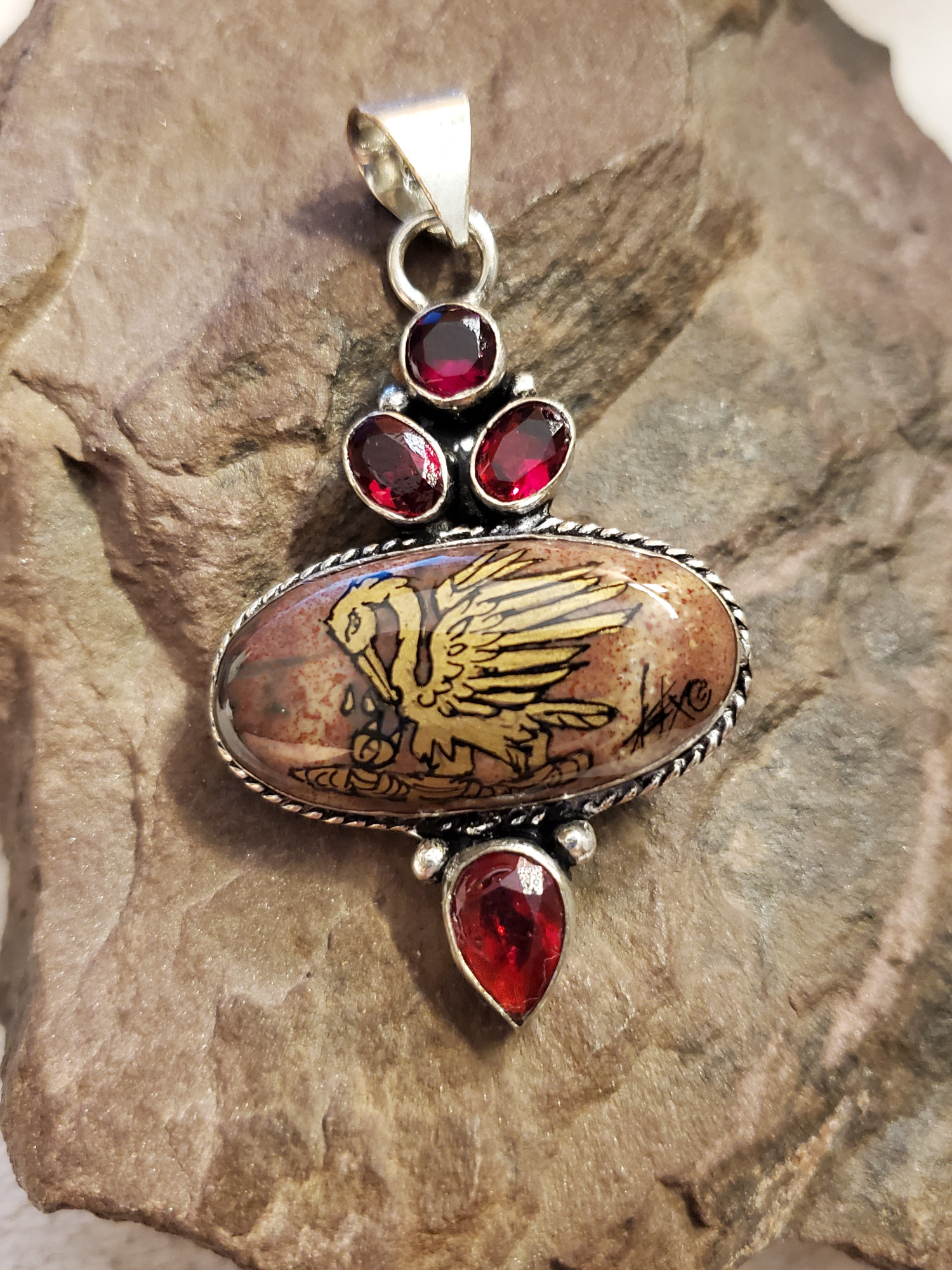 Pelican Bloodstone Garnet Sterling Silver Pendant