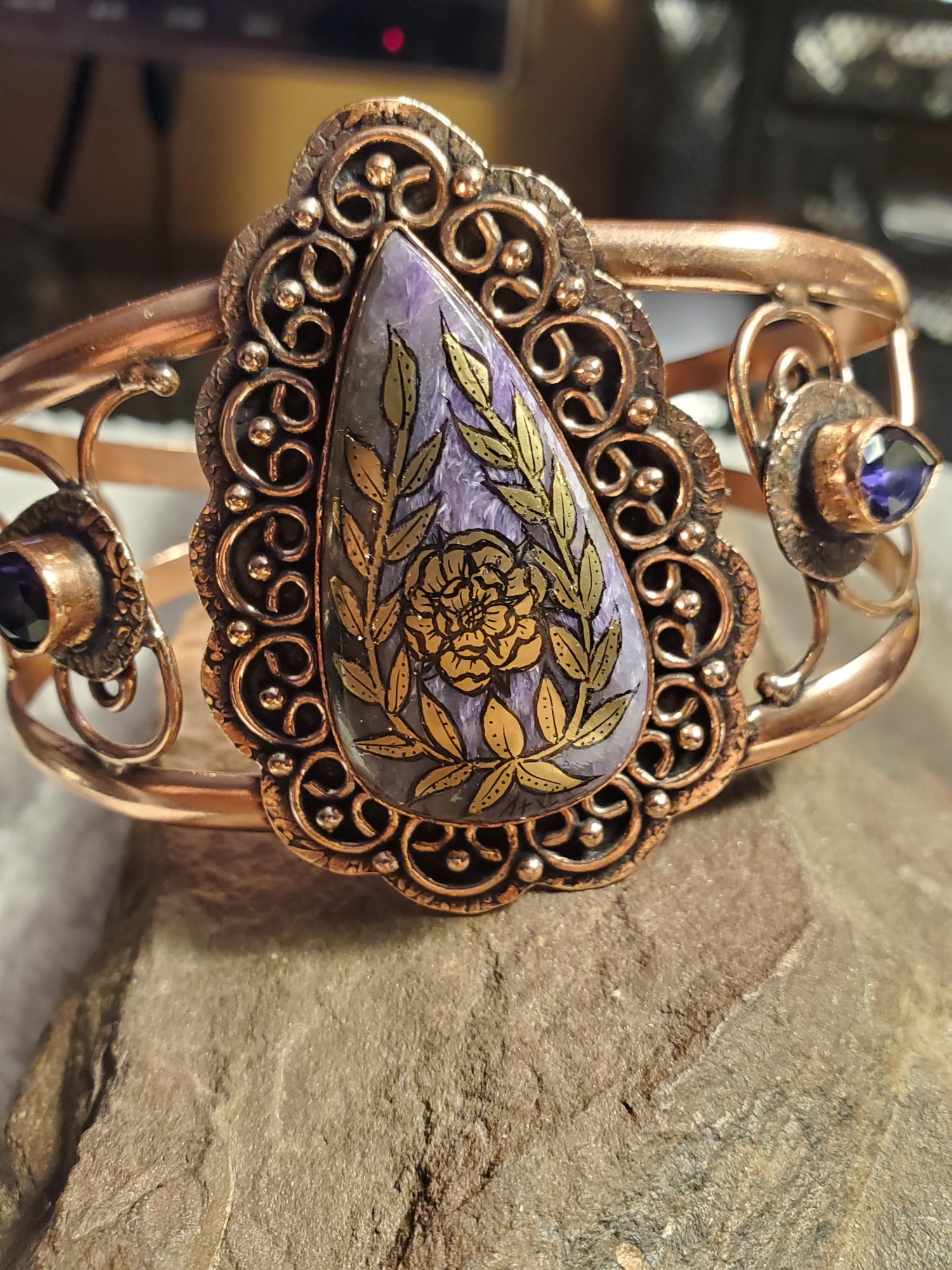 Laurel Rose Amethyst Copper Cuff Bracelet