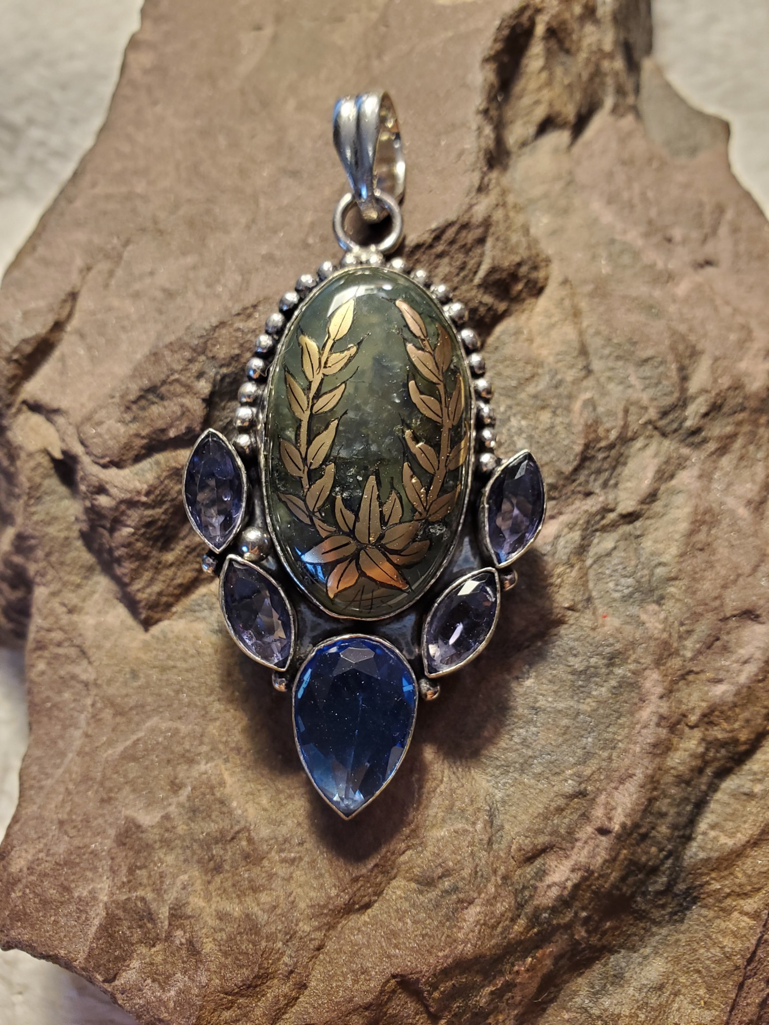 Laurel Prehnite Amethyst Topaz Sterling Pendant