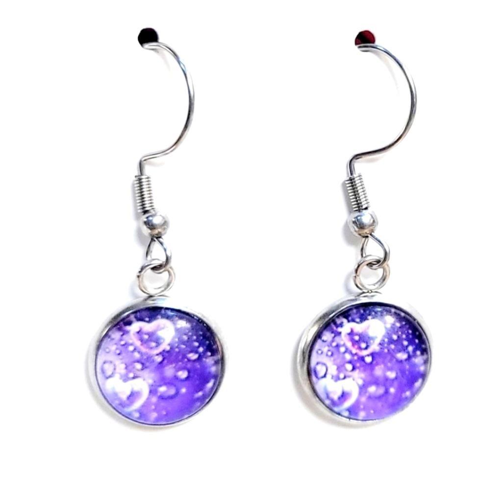 Purple heart bubble dangle drop earrings