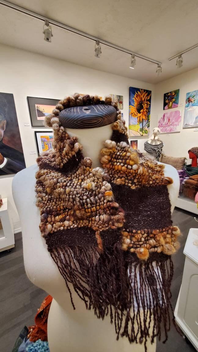 Handspun Wool Silk Art Scarf - Brown & Gold Woven scarf