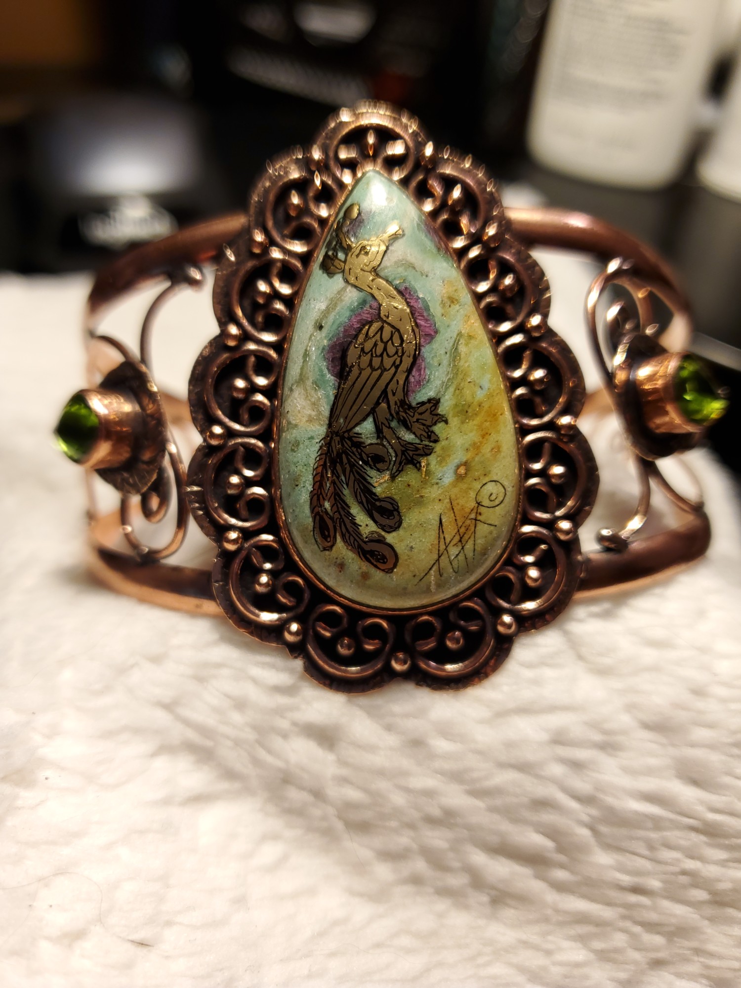 Peacock Ruby Zoisite and Peridot Cuff Bracelet