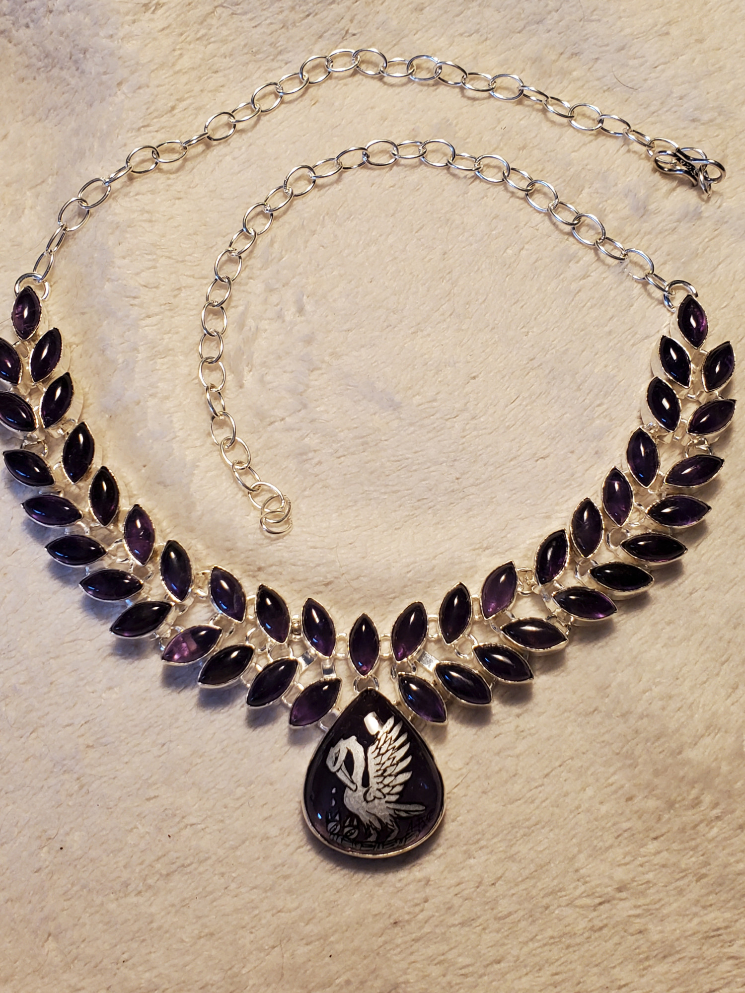 Pelican Amethyst Silver Leaf Sterling Statement Necklace