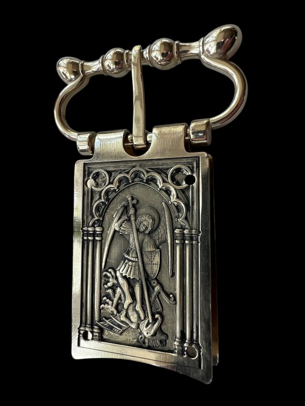 1.5" wide Medici-style buckle with custom carved 15th century Saint Michael with Gothic Frame