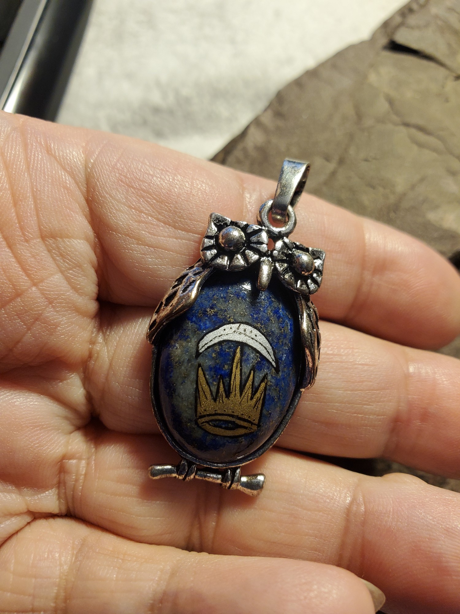 Silver Crescent East Kingdom Owl in Lapis Lazuli and Tibetan Silver