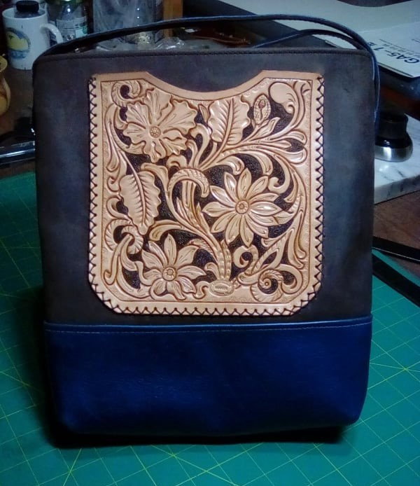 Small Brown and Blue Leather Bag, Hand Carved Leather Pocket, Crossbody Strap