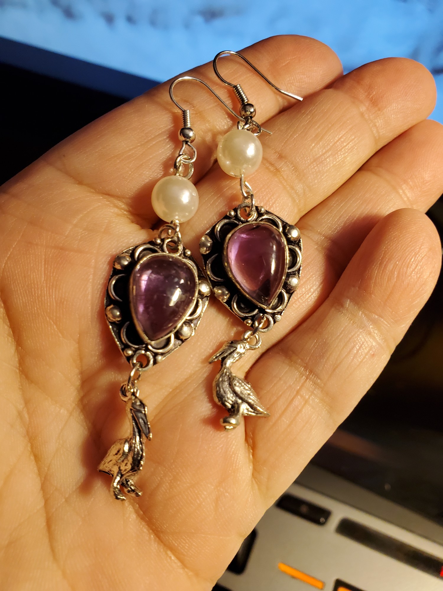 Amethyst Pelican Sterling Silver Ear Rings