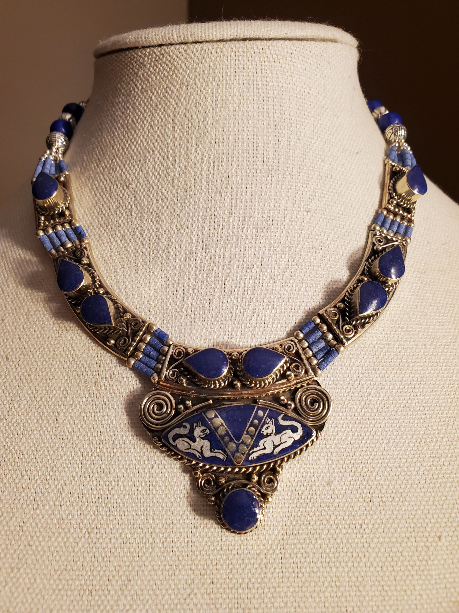 Twin Cats Lapis Lazuli Statement Necklace