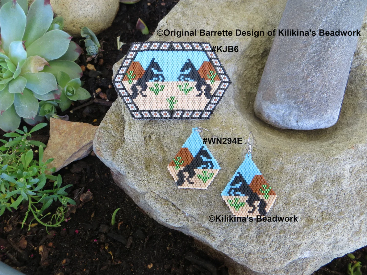 Beaded Desert Horse - Native American Style Beaded Earrings - Native American Style Beaded Barrette - Beaded Horse Earrings - Beaded Horse Barrette - Made by Kilikina
