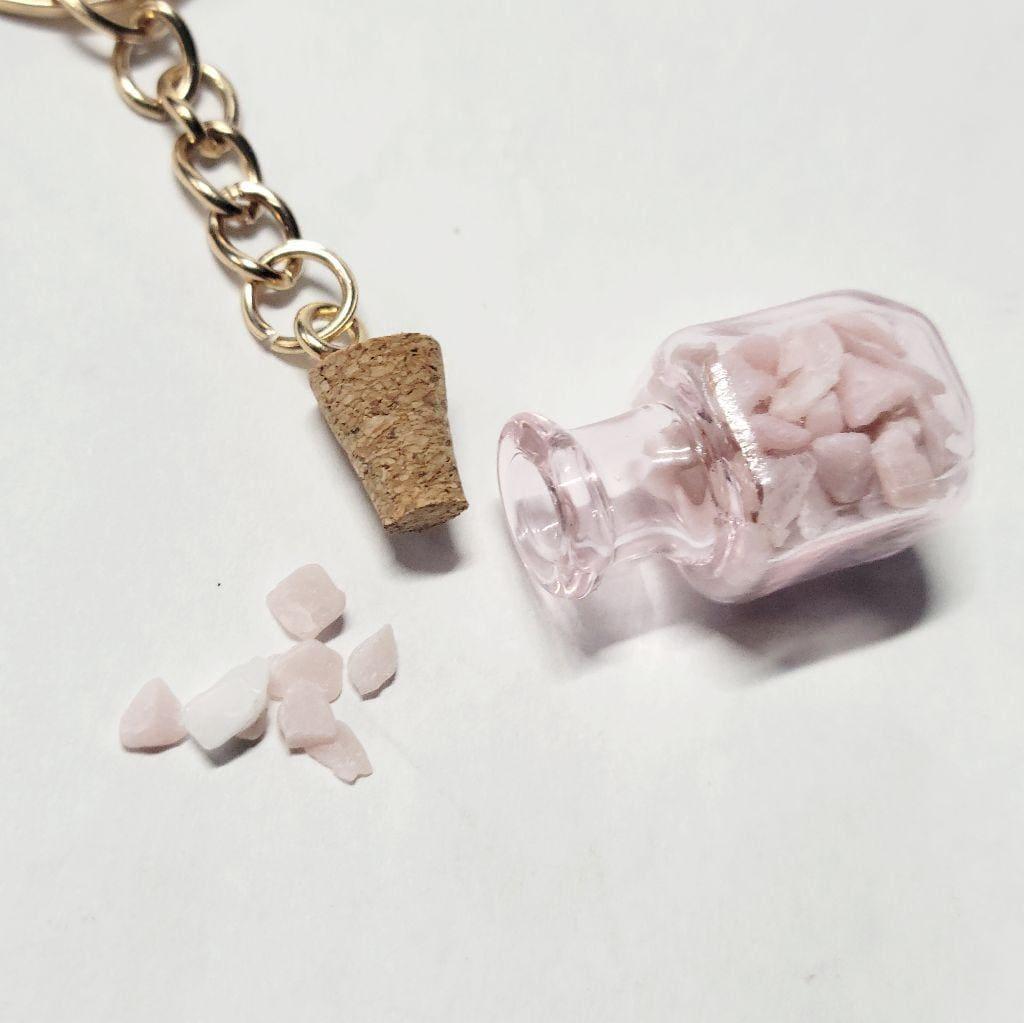 Natural pink opal gemstone crystal mini wish bottle keychain