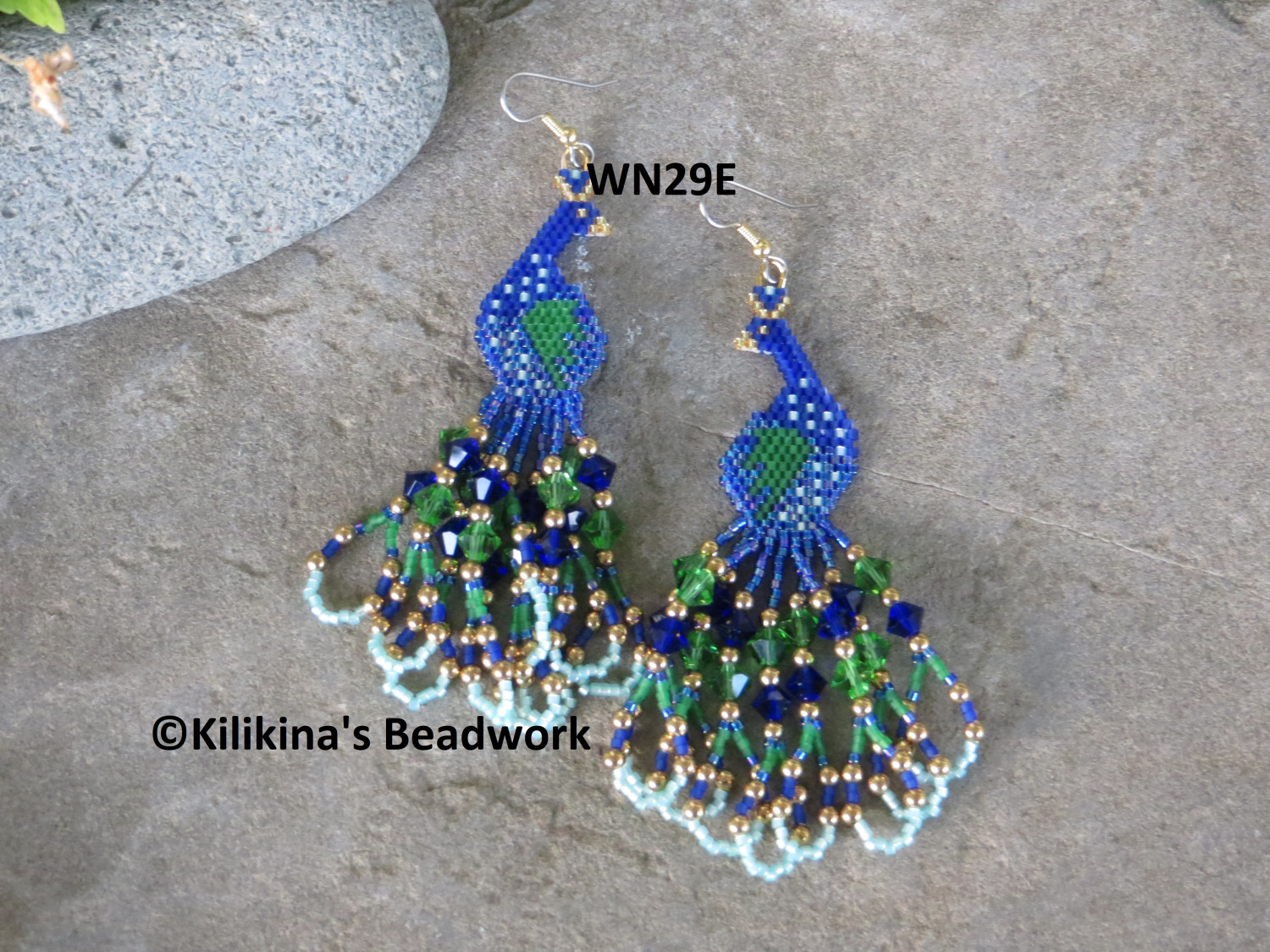 Beaded Peacock Earrings, Native American Style Beaded Peacock Earrings made by Kilikina