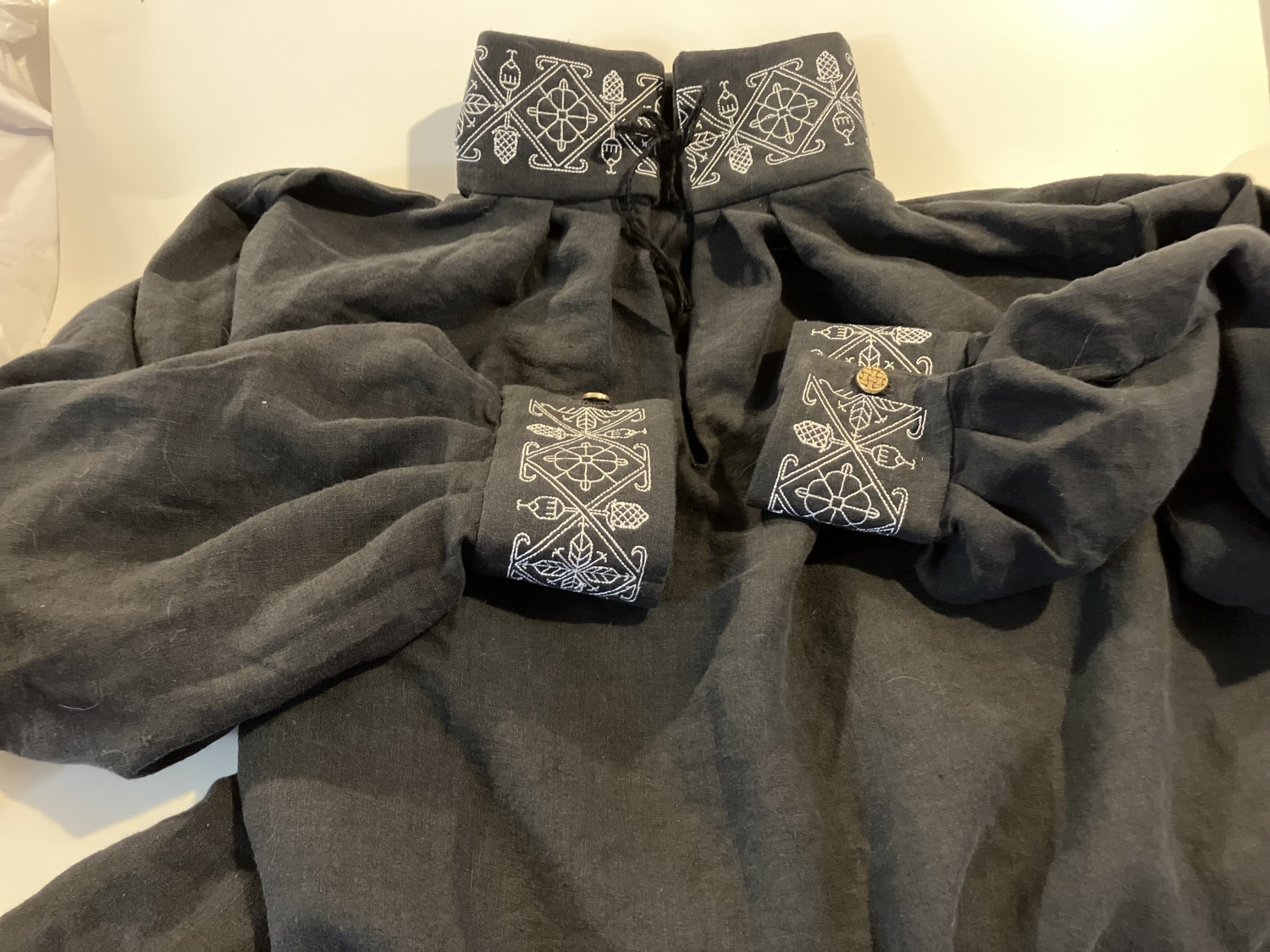 Black Linen/Cotton Embroidered Shirt Tudor Rose Design