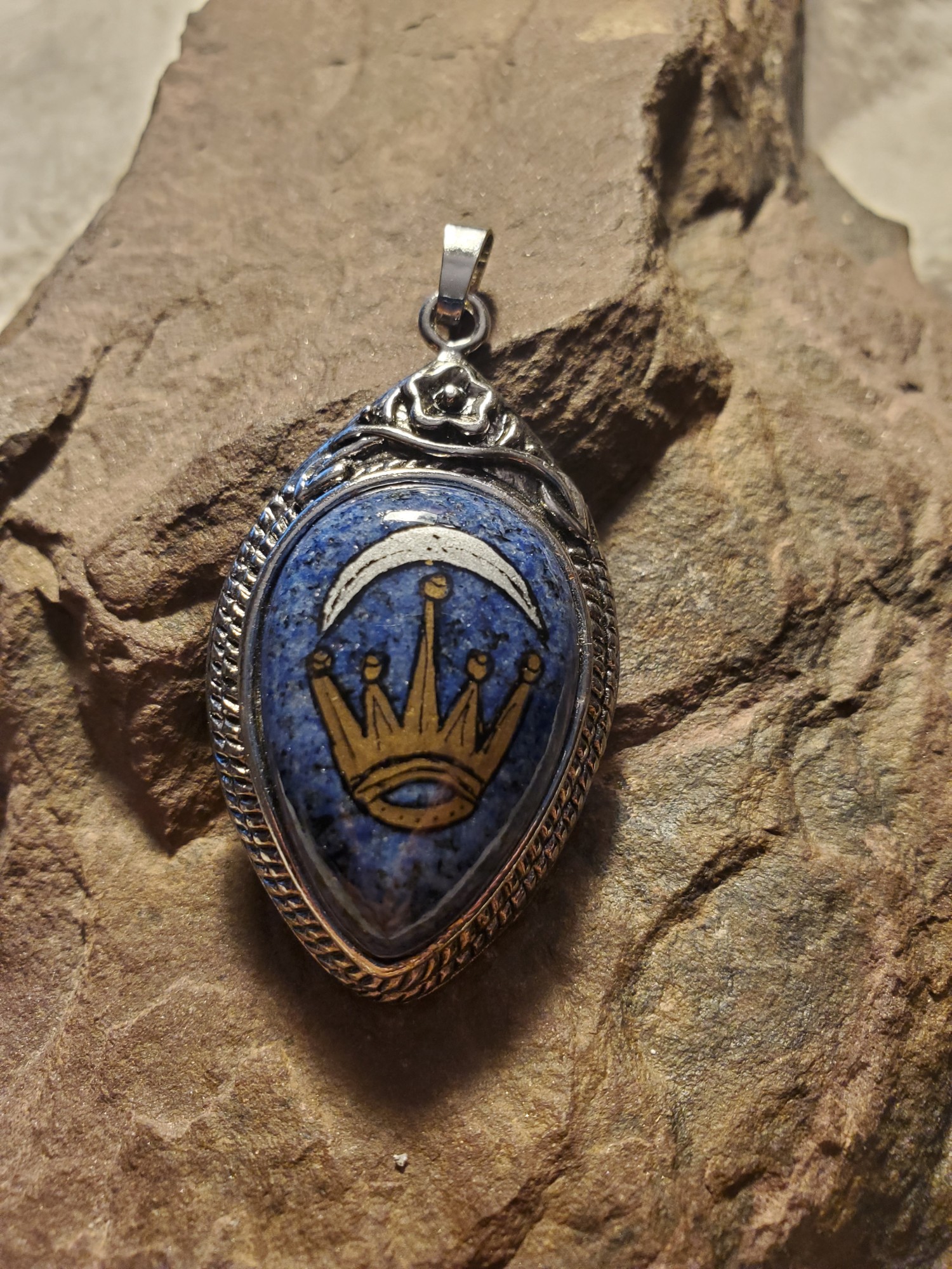 Silver Crescent East Kingdom Lapis Lazuli in Tibetan Silver Pendant