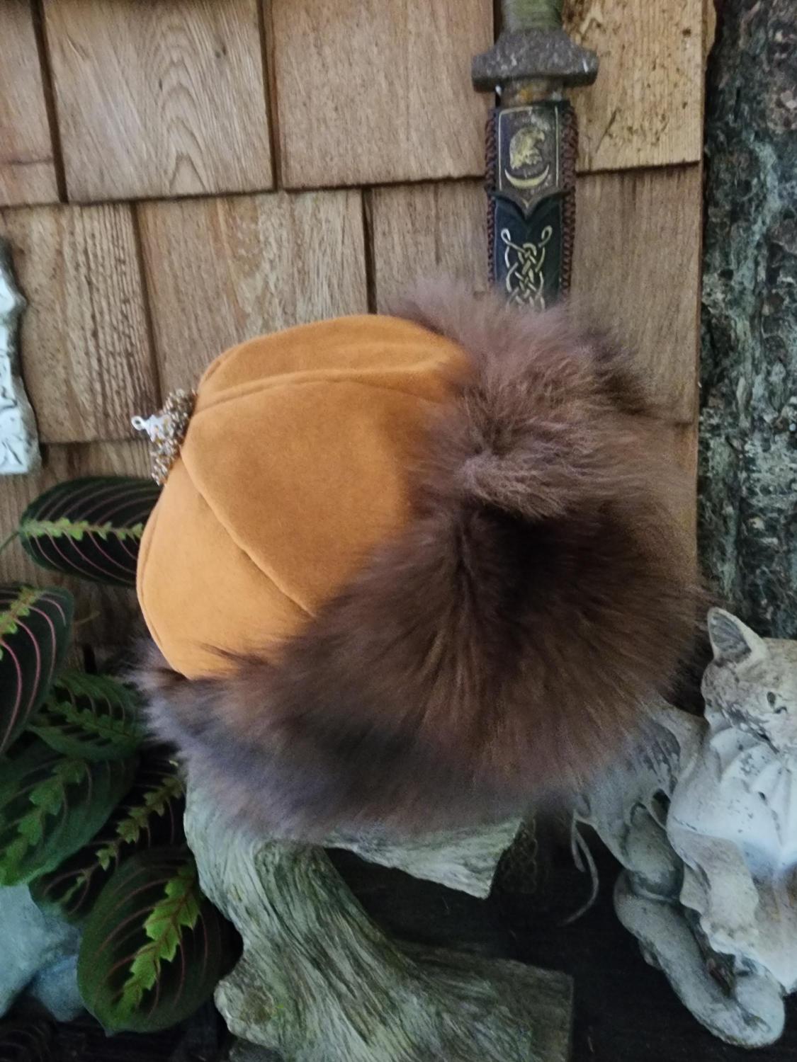 Mongolian, Cossack, Norse, Viking style fur, unisex, copper suede, tassel, fox fur reclaimed