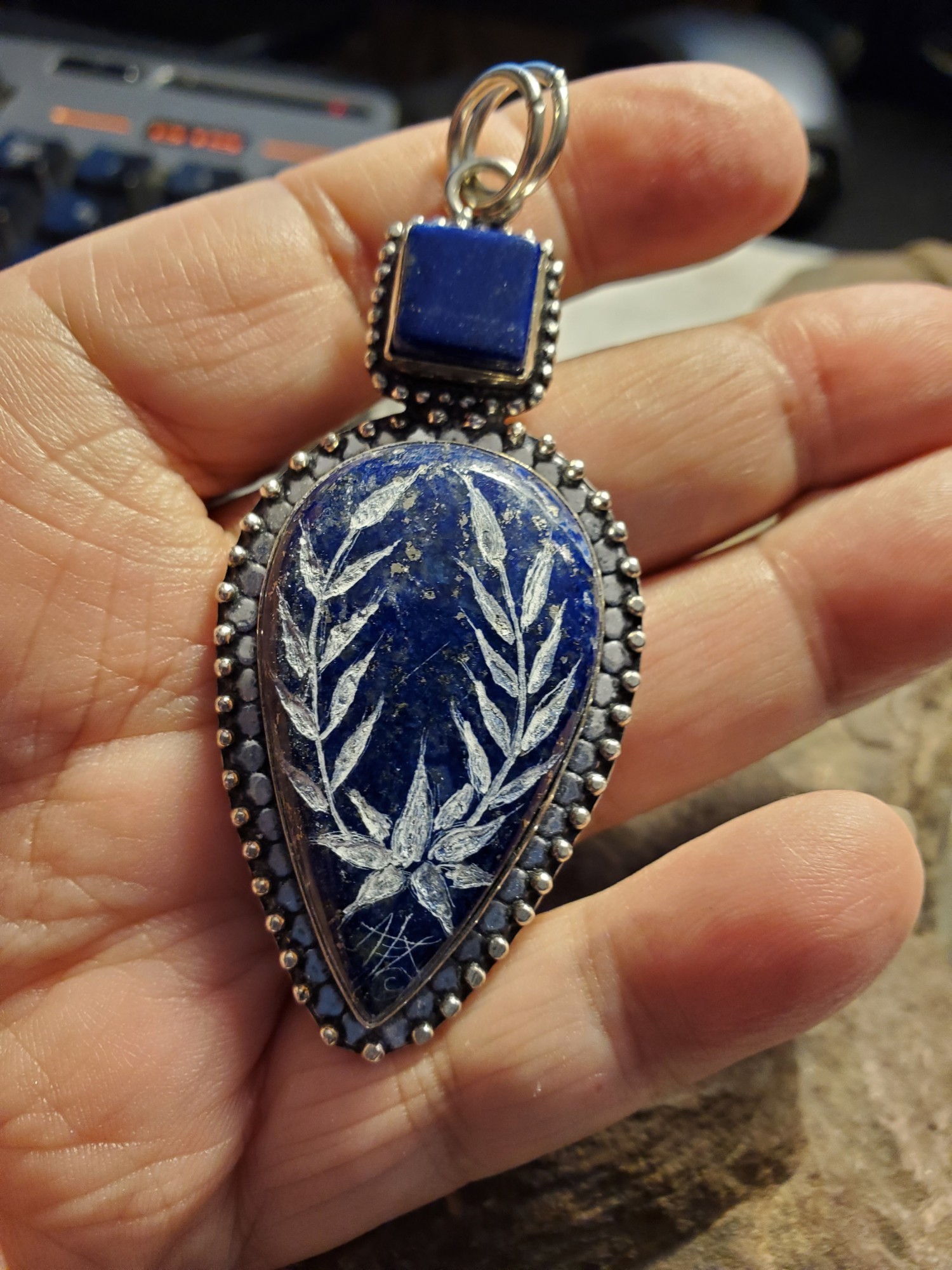 Lotus Laurel Intaglio Lapis in Sterling Silver Pendant