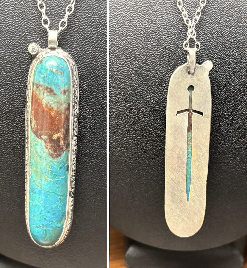 Sword ON BACK Chrysocolla Sterling Silver Pendant Backstory Necklace