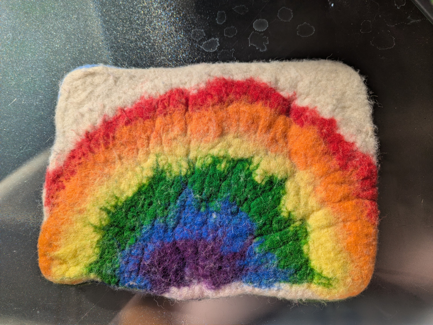 Felted wool rainbow and mountain double sided extra large Hot pad trivet