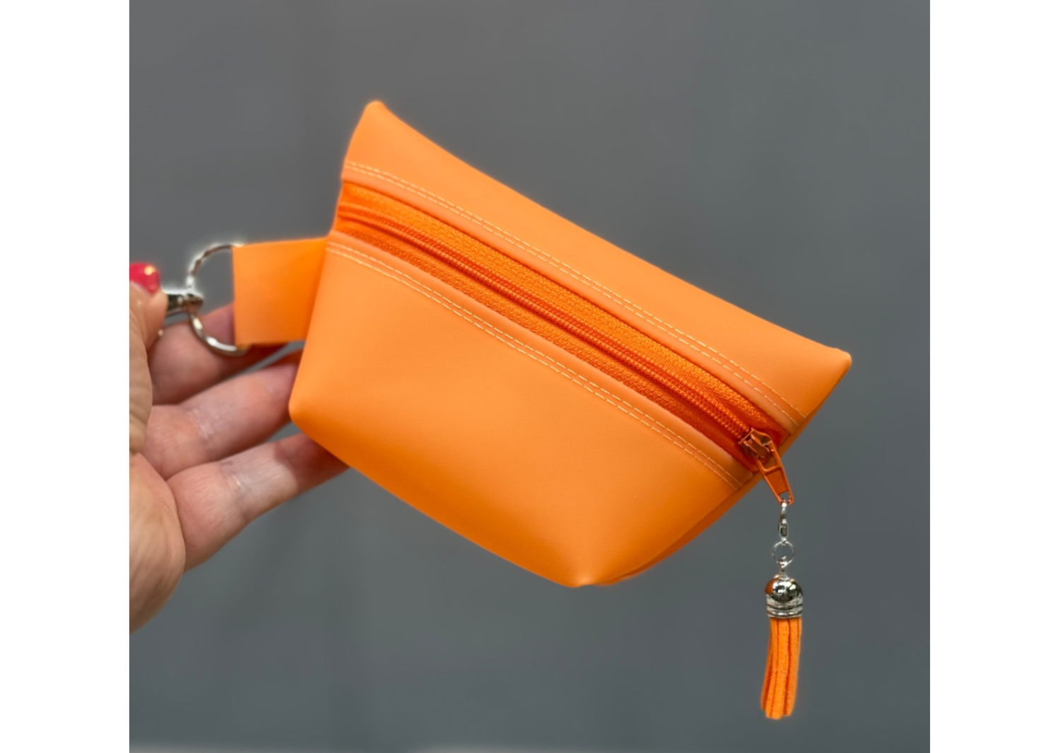 Small Orange Jelly Vinyl Zipper Pouch | Waterproof Mini Bag with Tassel | Bright Leash Accessory or Coin Purse