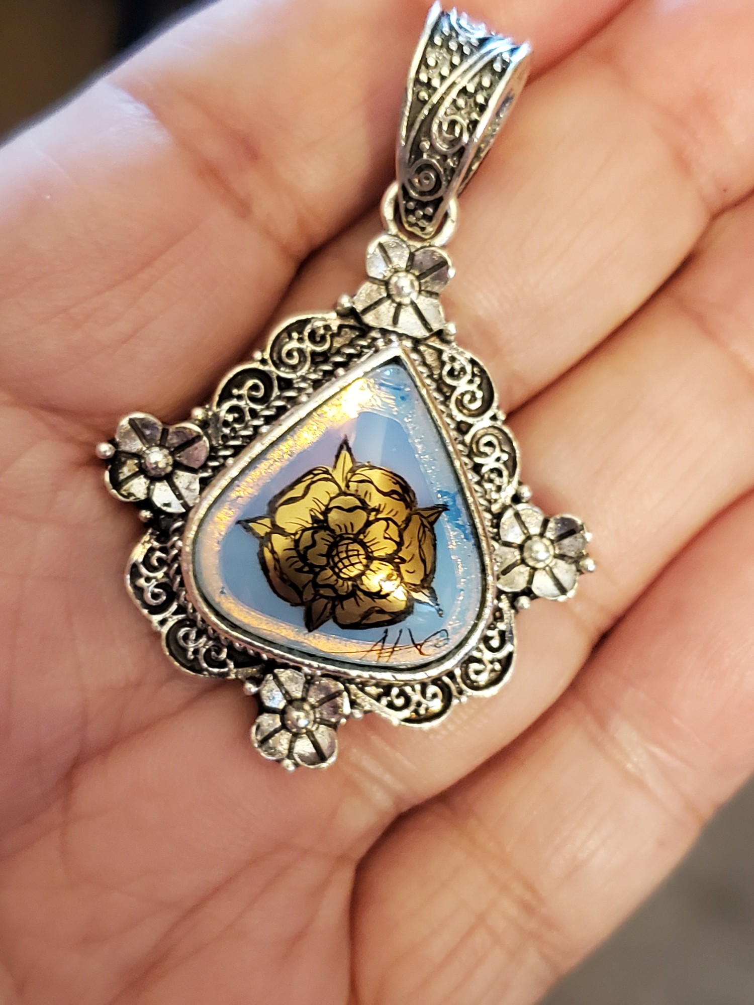 Tudor Rose Opalite Tibetan Silver Pendant