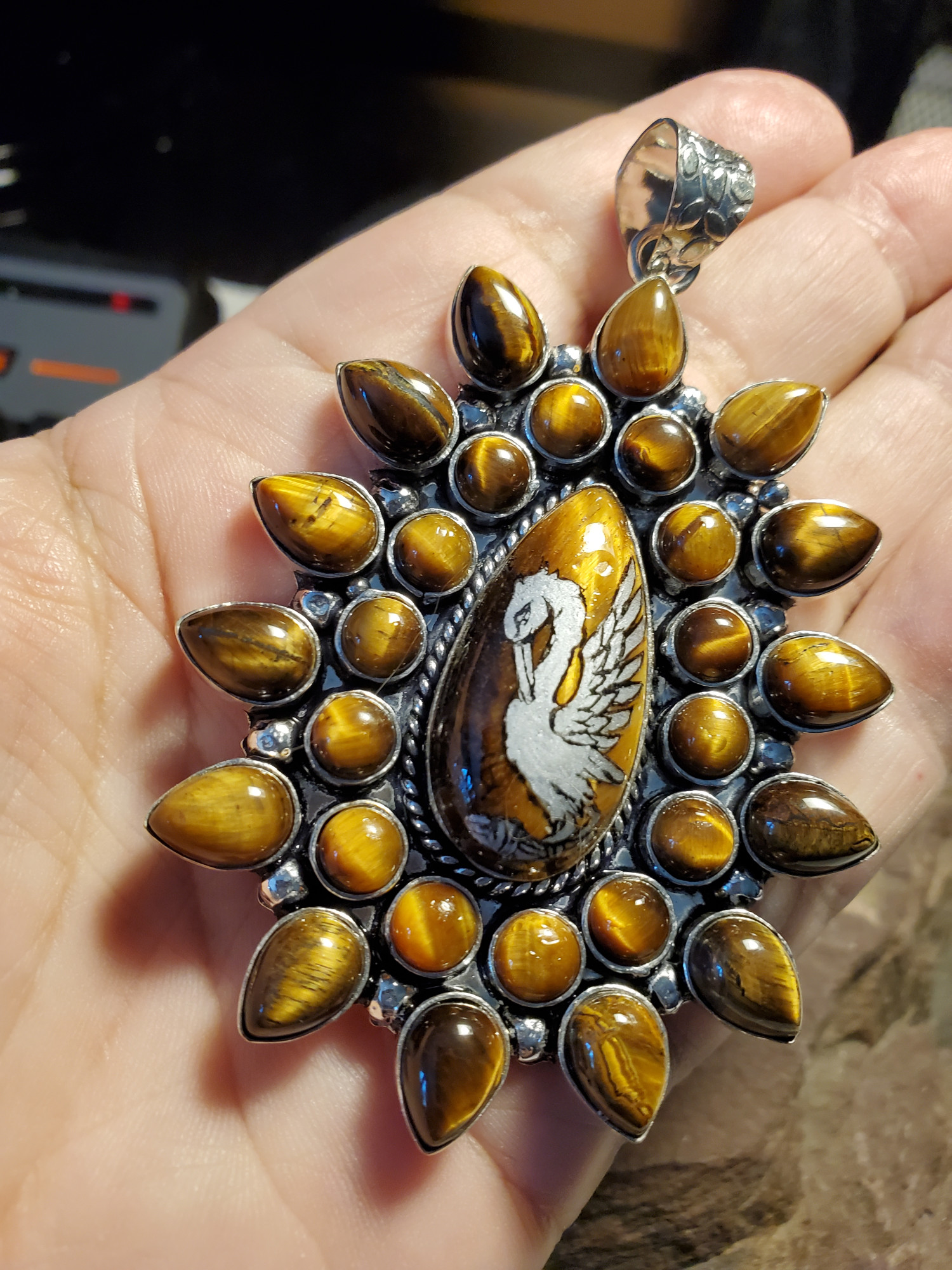 Pelican Silver Leaf Tiger Eye Sterling Pendant
