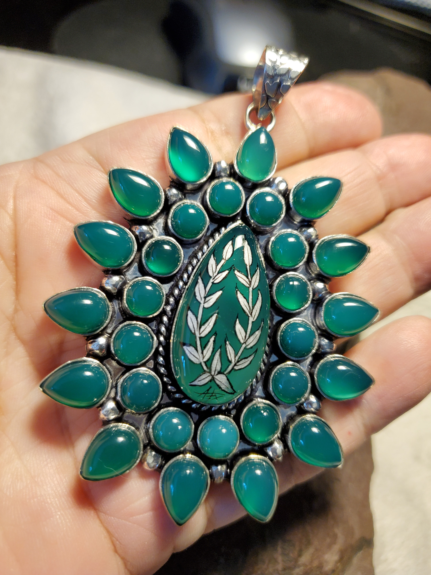 Laurel Green Onyx Silver Leaf Sterling Pendant