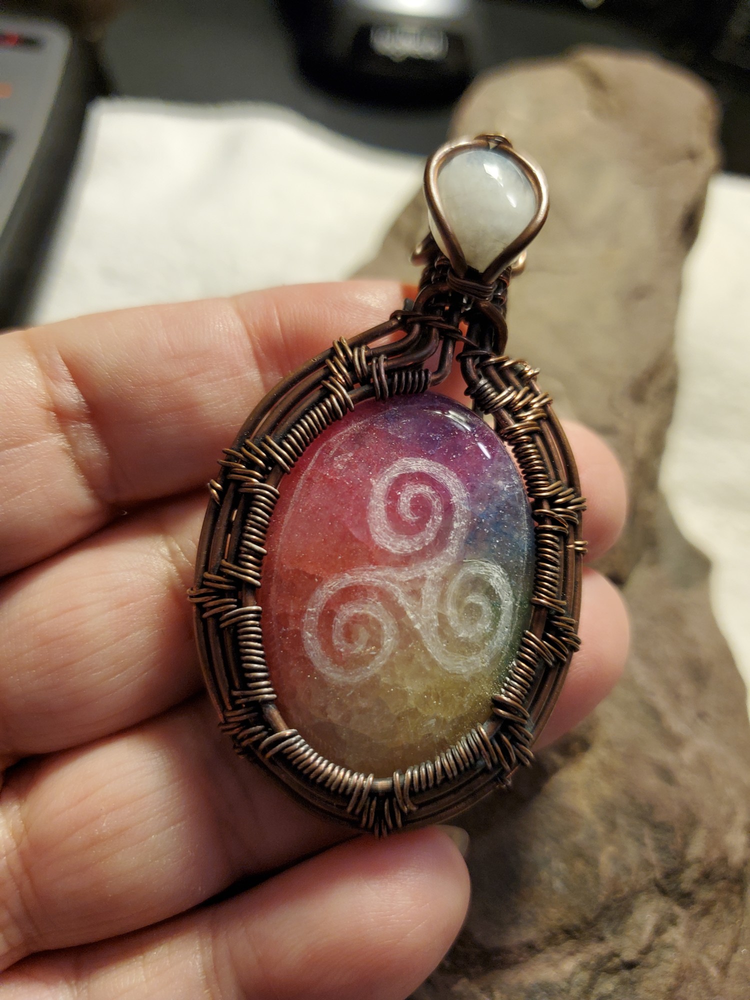 Triskele Solar Quartz Pendant in Copper