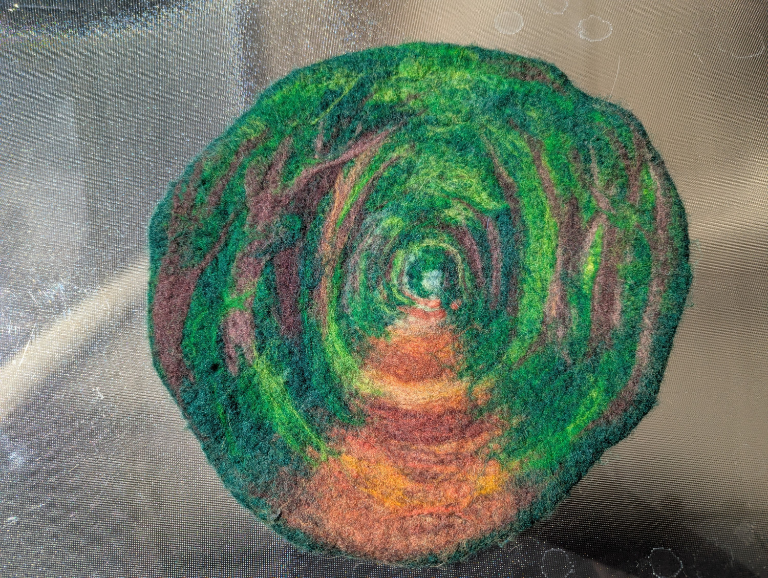 Tree Tunnel Forest Path Round Felted Wool Hot pad trivet