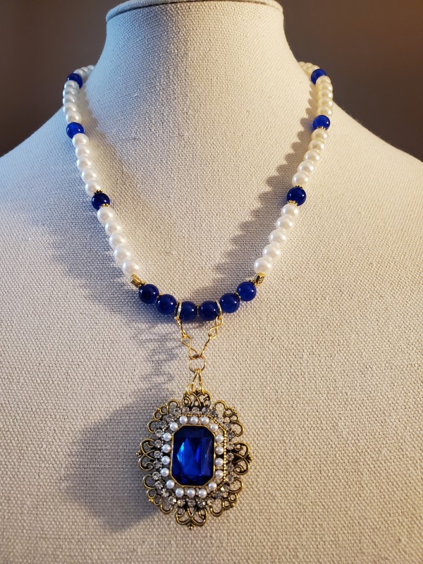 Pearls and Glam Royal Blue Tudor style Necklace