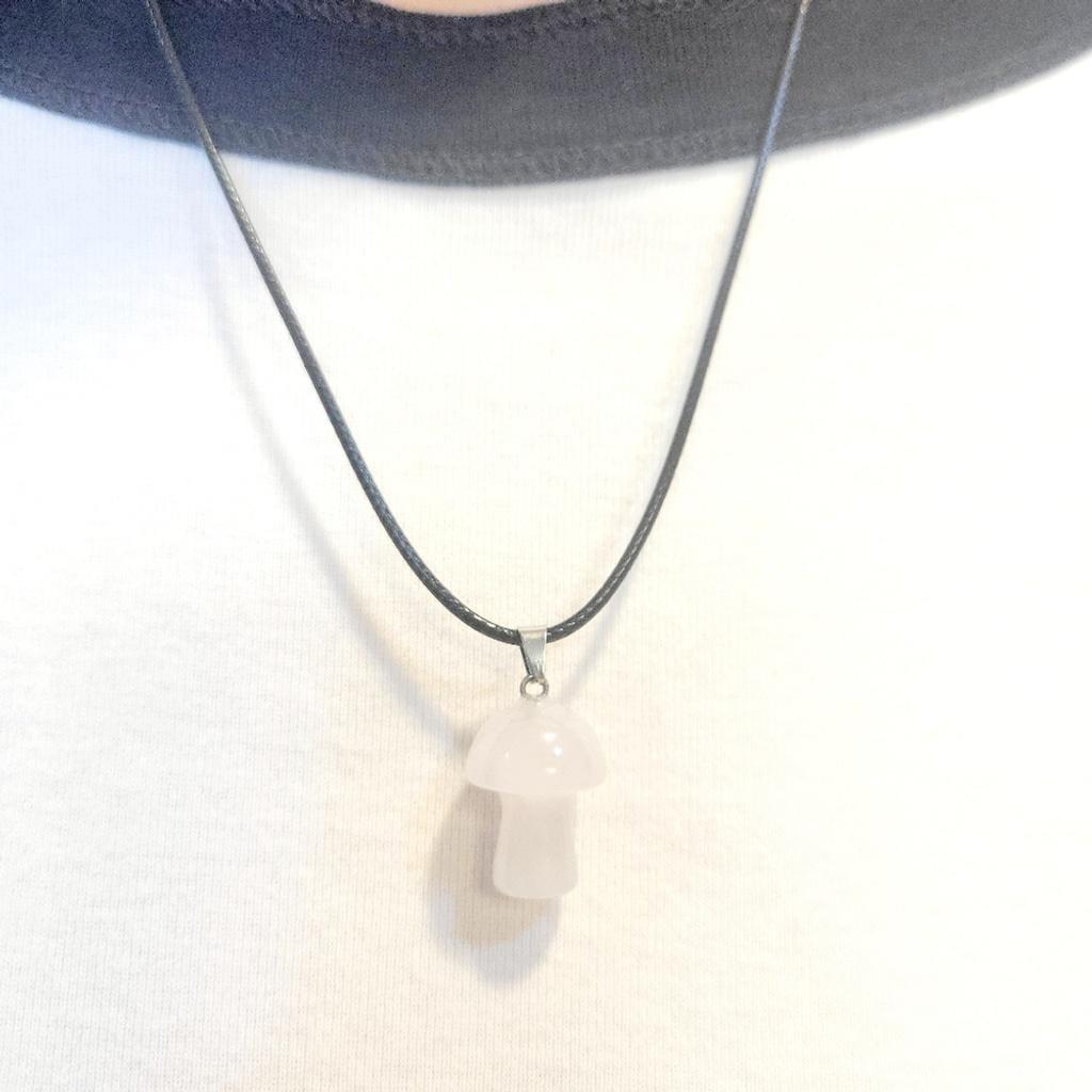 Natural Rose Quartz Crystal Mushroom Pendant Necklace