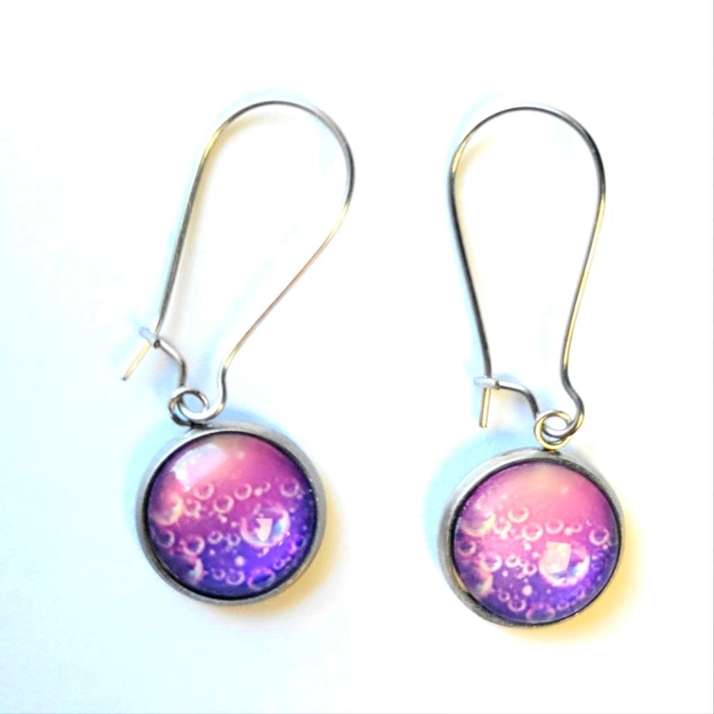 Elegant Purple and Silver Bubble Round Latch Back Drop Earrings