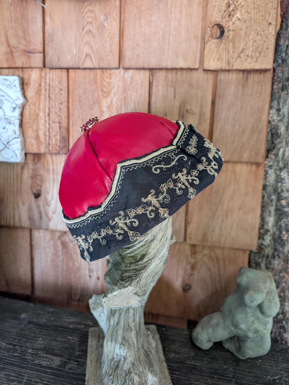 Mongolian, Persian, Cossack, Norse, Viking  style hat black persian lamb wool, red leather top
