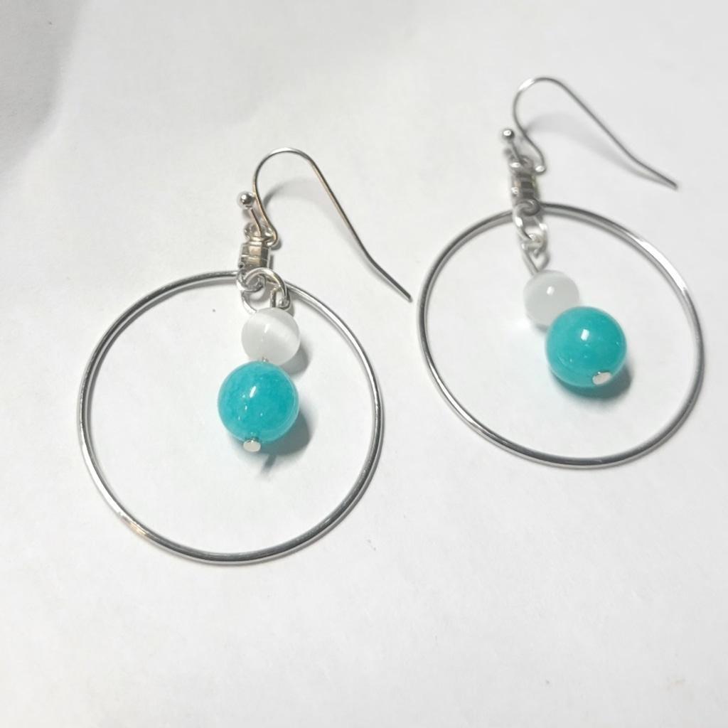 Natural Crystal Amazonite Selenite Beaded Hoop Drop Earrings