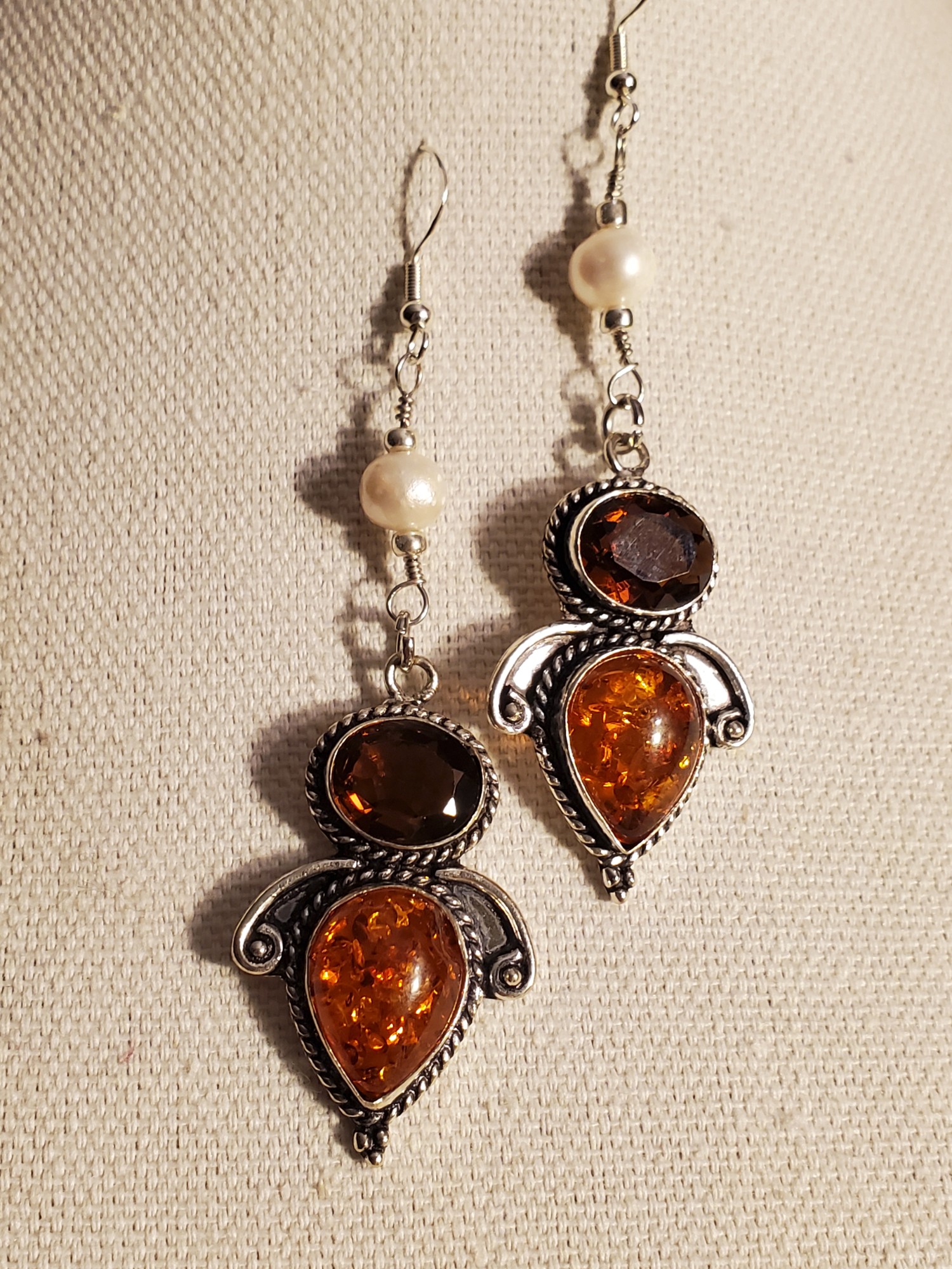 Topaz Amber Freshwater Pearl Sterling Earrings