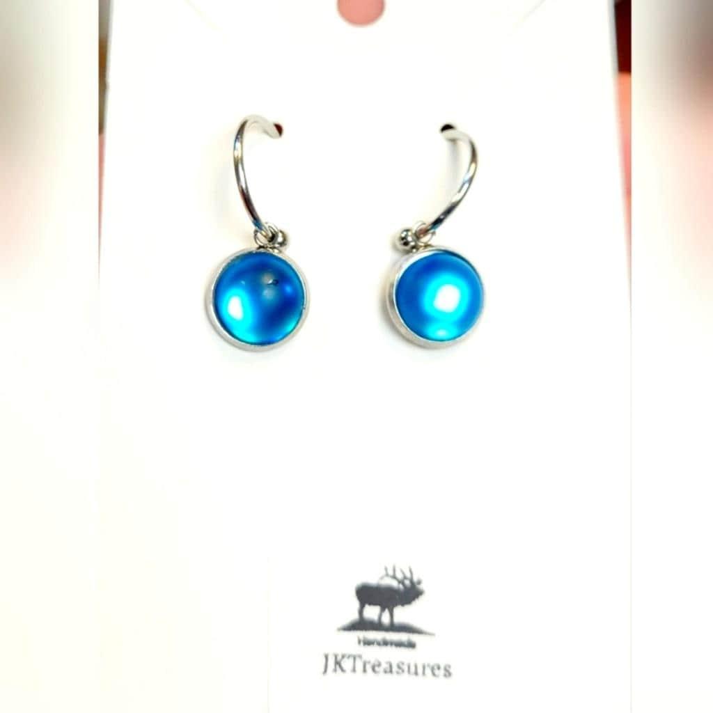 Sea Blue Crystal Sea Glass Rhinestone Dangle Drop Hoop Earrings